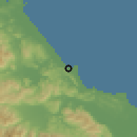 Shaded relief of the 60 km around Cahuita, drawn from the GMTED2010 grid
