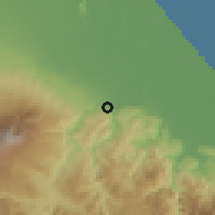 Shaded relief of the 60 km around Siquirres, drawn from the GMTED2010 grid