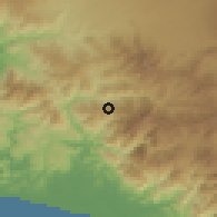 Shaded relief of the 60 km around El Tejar, drawn from the GMTED2010 grid