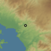 Shaded relief of the 60 km around Macacona, drawn from the GMTED2010 grid