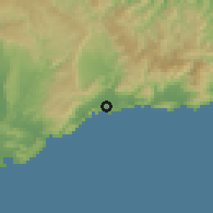 Shaded relief of the 59 km around San Antonio del Sur, drawn from the GMTED2010 grid