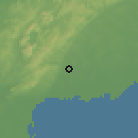 Shaded relief of the 58 km around San Juan y Martínez, drawn from the GMTED2010 grid