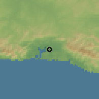 Shaded relief of the 59 km around Santiago de Cuba, drawn from the GMTED2010 grid