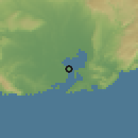 Shaded relief of the 59 km around Caimanera, drawn from the GMTED2010 grid