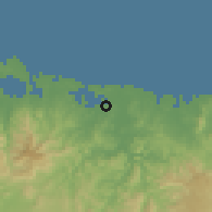 Shaded relief of the 58 km around Cayo Mambí, drawn from the GMTED2010 grid