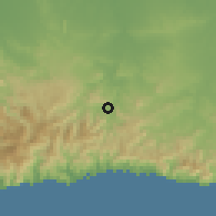 Shaded relief of the 59 km around Cruce de los Baños, drawn from the GMTED2010 grid