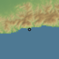 Shaded relief of the 59 km around Guama, drawn from the GMTED2010 grid
