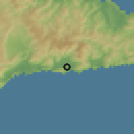 Shaded relief of the 59 km around Imías, drawn from the GMTED2010 grid