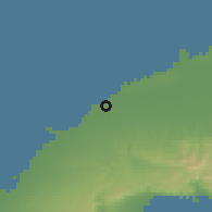 Shaded relief of the 59 km around Media Luna, drawn from the GMTED2010 grid