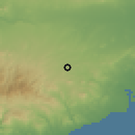 Shaded relief of the 55 km around Agia Varvara, drawn from the GMTED2010 grid