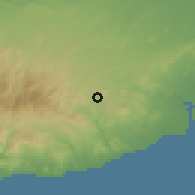 Shaded relief of the 55 km around Delikipos, drawn from the GMTED2010 grid