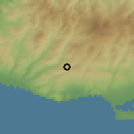 Shaded relief of the 55 km around Dora, drawn from the GMTED2010 grid