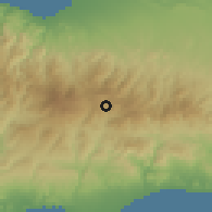 Shaded relief of the 55 km around Dymes, drawn from the GMTED2010 grid