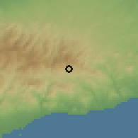 Shaded relief of the 55 km around Agioi Vavatsinias, drawn from the GMTED2010 grid