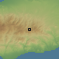 Shaded relief of the 55 km around Farmakas, drawn from the GMTED2010 grid
