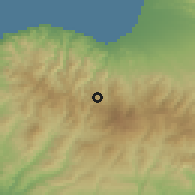 Shaded relief of the 55 km around Gerakies, drawn from the GMTED2010 grid