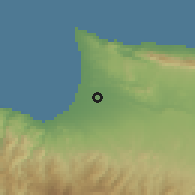 Shaded relief of the 55 km around Güzelyurt, drawn from the GMTED2010 grid