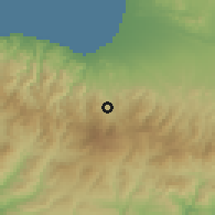 Shaded relief of the 55 km around Kaliana, drawn from the GMTED2010 grid