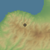 Shaded relief of the 55 km around Kampos, drawn from the GMTED2010 grid