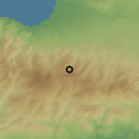 Shaded relief of the 55 km around Kannavia, drawn from the GMTED2010 grid
