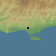 Shaded relief of the 55 km around Kantou, drawn from the GMTED2010 grid