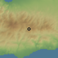 Shaded relief of the 55 km around Agios Ioannis, drawn from the GMTED2010 grid