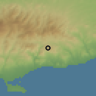 Shaded relief of the 55 km around Kellaki, drawn from the GMTED2010 grid