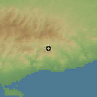 Shaded relief of the 55 km around Klonari, drawn from the GMTED2010 grid