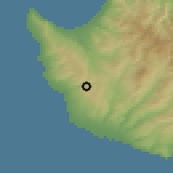Shaded relief of the 55 km around Koili, drawn from the GMTED2010 grid