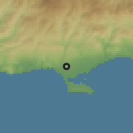 Shaded relief of the 55 km around Kolossi, drawn from the GMTED2010 grid
