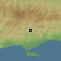 Shaded relief of the 55 km around Korfi, drawn from the GMTED2010 grid
