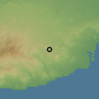 Shaded relief of the 55 km around Kornos, drawn from the GMTED2010 grid