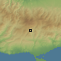 Shaded relief of the 55 km around Kouka, drawn from the GMTED2010 grid