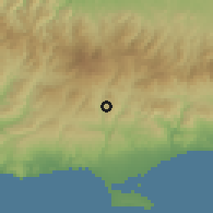 Shaded relief of the 55 km around Laneia, drawn from the GMTED2010 grid