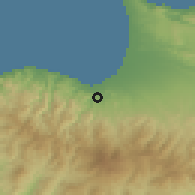 Shaded relief of the 55 km around Lefka, drawn from the GMTED2010 grid