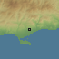 Shaded relief of the 55 km around Lemesos, drawn from the GMTED2010 grid