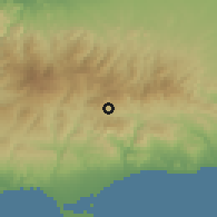 Shaded relief of the 55 km around Agios Pavlos, drawn from the GMTED2010 grid