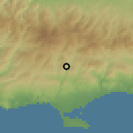 Shaded relief of the 55 km around Limnatis, drawn from the GMTED2010 grid