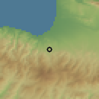 Shaded relief of the 55 km around Linou, drawn from the GMTED2010 grid