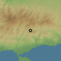 Shaded relief of the 55 km around Louvaras, drawn from the GMTED2010 grid