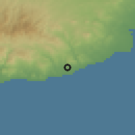 Shaded relief of the 55 km around Maroni, drawn from the GMTED2010 grid