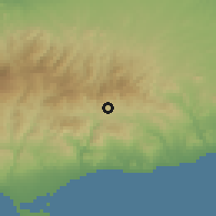 Shaded relief of the 55 km around Melini, drawn from the GMTED2010 grid