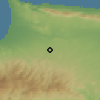 Shaded relief of the 55 km around Meniko, drawn from the GMTED2010 grid