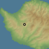 Shaded relief of the 55 km around Milia, drawn from the GMTED2010 grid