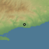 Shaded relief of the 55 km around Moni, drawn from the GMTED2010 grid