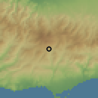 Shaded relief of the 55 km around Moniatis, drawn from the GMTED2010 grid