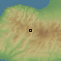 Shaded relief of the 55 km around Mylikouri, drawn from the GMTED2010 grid