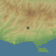 Shaded relief of the 55 km around Agios Therapon, drawn from the GMTED2010 grid