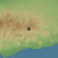 Shaded relief of the 55 km around Odou, drawn from the GMTED2010 grid