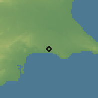 Shaded relief of the 55 km around Ormideia, drawn from the GMTED2010 grid